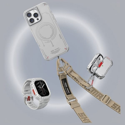 Këllëf për AirPods Pro 2 Skinarma Mecha Frost, mbrojtje 360°, me karabinë, i bardhë