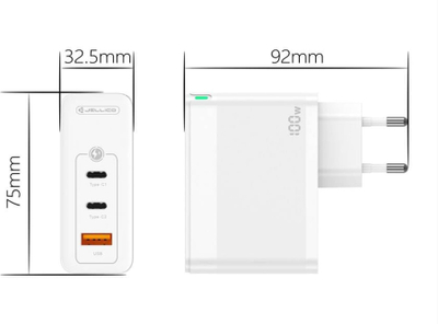 Karikues muri JELLICO C118 GaN PD, 100W, 2xUSB C 1xUSB QC3.0 me kabllo USB C, i bardhë