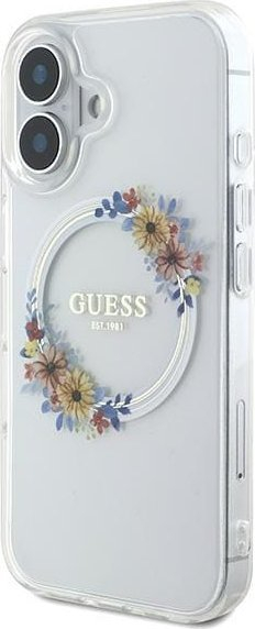 Mbulesë telefoni Guess IML Flowers Wreath për iPhone 16 Plus 6.7", MagSafe, transparente