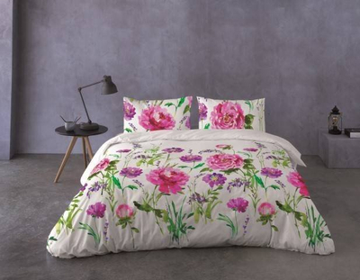 Komplet jorganësh Prestige Satin Bedding me lule, 220x200 cm, pambuk saten, e bardhë me rozë