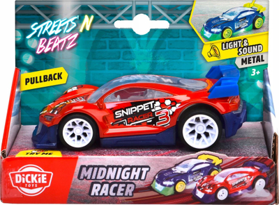 Makina lodër Dickie Toys Vehicle Streets Beatz Midnight Racer, 14cm, me tërheqje mbrapa, me drita dhe tinguj, e kuqe ose blu