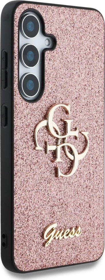 Mbulesë telefoni Guess Fixed Glitter Big 4G Metal Logo për Samsung Galaxy S25, rozë
