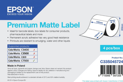 Rrotull etiketash Epson Premium Matte Label, 102 x 152mm, 800 copa, e bardhë