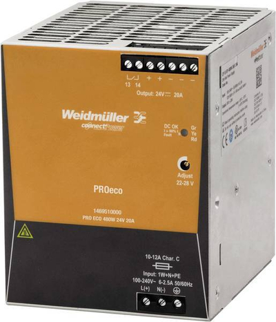 Напојување Weidmuller PRO ECO 480W, 24V DC 20A, за DIN шина
