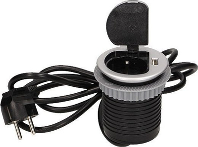 Prizë mobiljeje e fshehtë, Ø6 cm, 1x2P+E, USB, kabllo 1.8 m, e zezë