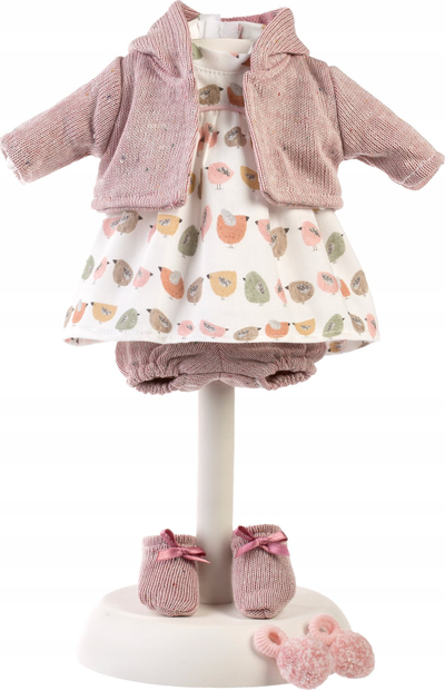 Set rrobash për kukull Llorens Dress For Doll 33134, për kukulla 33cm, motiv zogjsh, rozë shumëngjyrësh
