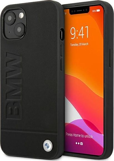 Futrollë BMW Leather Case për iPhone 13, lëkurë, logogram metalik, e zezë