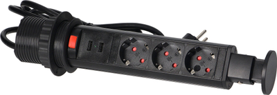 Prizë mobiljeje me 3x Schuko dhe 2x USB, e tërheqshme nga banaku, 6 cm, kabllo 1.8 m, e zezë