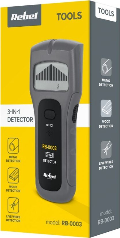 Detektor për metal edhe dru Rebel Tools RB-0003, gjen kabllo rryme, me ekran që tregon ndjeshmërinë, i zi