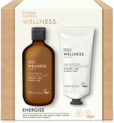 Set dhurate Baylis &amp; Harding Wellness Energise, xhel dushi 300 ml, locion për duar dhe trup 200 ml, erë xhenxhefil, limë edhe borzilok