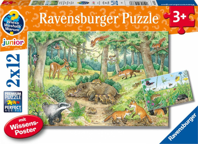 Puzzle për kalamaj Ravensburger Animals in the Forest and in the Meadow, 2x12 copa, nga 3 vjeç, shumëngjyrësh