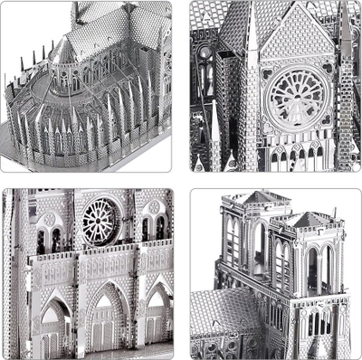 Puzzle 3D metalik Piececool Notre Dame Cathedral, model ndërtimi, ngjyrë argjendtë