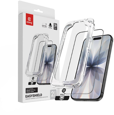 Xham mbrojtës CRONG EasyShield, 2 copë, për iPhone 17 17 Pro 16 Pro, 9H, me kornizë të zezë