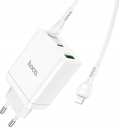 Karikues muri Hoco Mains Charger, 2x Type C, USB A, PD QC 3.0, me kabllo USB C në Lightning, i bardhë