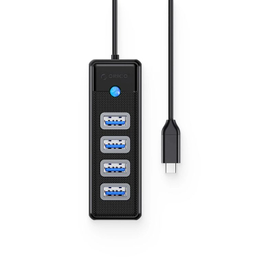 Hub USB Orico PW4U-C3, USB-C në 4 porta USB-A 3.0, 5 Gbps, i zi