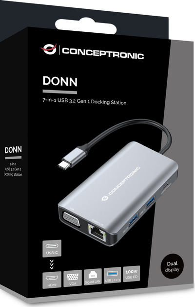 Docking station Conceptronic DONN21G, 7 në 1, HDMI VGA, gri