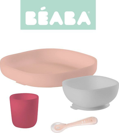 Beaba 4-Делен Силиконски Сет за Јадење, Pink