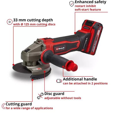 Brushe këndore pa kabllo Einhell TE-AG 18/125-2 Li, 18V, bateri 4.0Ah, e kuqe