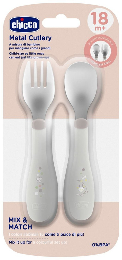 Set lugë-piruni Chicco Stainless Steel Cutlery, për kalama 18m+, gri