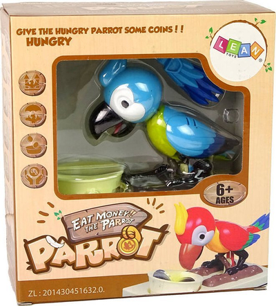 Kuti kursimi Lean Toys Parrot, papagall mekanik, lodër për lekë me monedha, blu