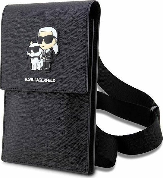 Çantë telefoni Karl Lagerfeld KLWBSAKCPMK, lëkurë Saffiano, me rrip shpatulle, e zezë