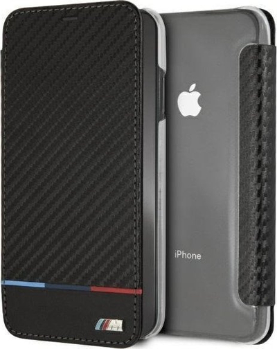 Mbulesë libri BMW M Collection për iPhone XS Max, efekt karboni, me xhepa për karta, e zezë