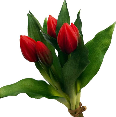 Buqetë lulesh artificiale Saska Gift and Decor, tulipanë të kuq, 5 copë, silikon PU 28 cm