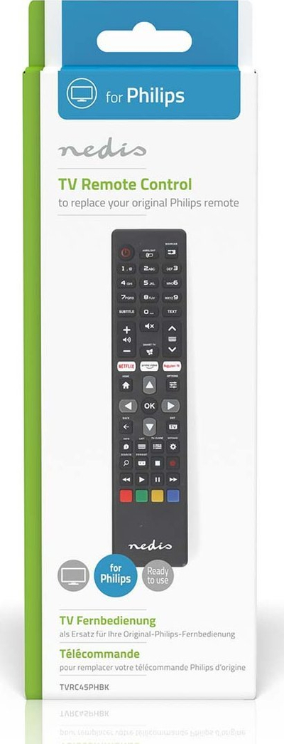 Telekomandë Nedis për TV Philips, me rreze infra të kuqe, me butona Netflix Amazon Prime Rakuten, ngjyrë e zezë