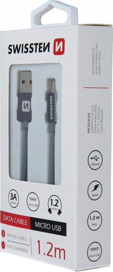 Kabllo USB Swissten USB A në micro USB, 1.2m, 3A, gri