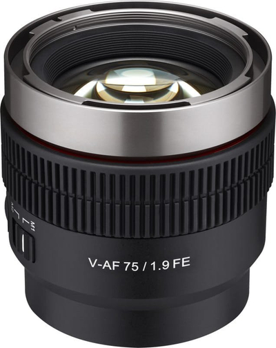 Objektiv Samyang V-AF 75mm f/1.9 për Sony E, me fokus automatik, cine, i zi