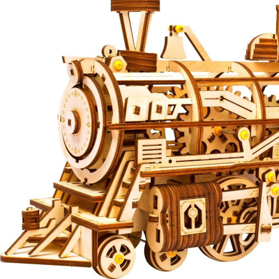 Model tren druri ROKR Locomotive, mekanik me ingranazhe, 37 cm, ngjyrë druri