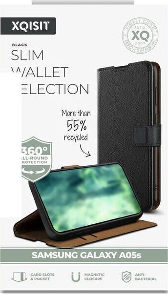 Etui-portofol për telefon Xqisit Mobile Wallet për Samsung Galaxy A05s, me stand, e zezë