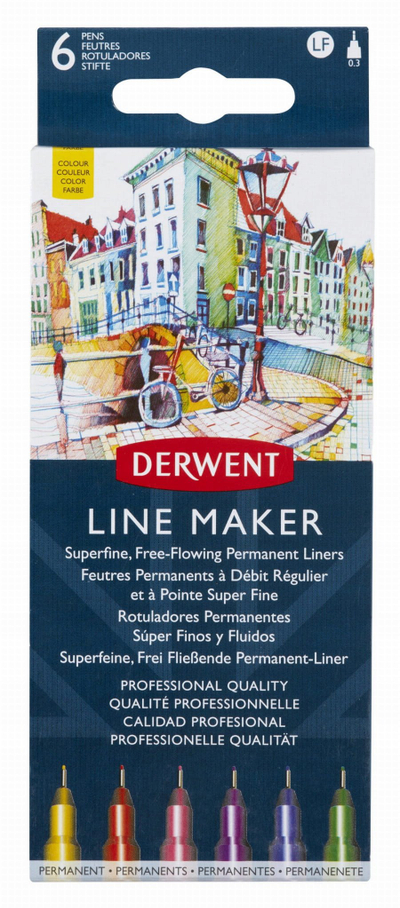 Set stilolapsash me ngjyra Derwent Line Maker, 6 copë, 0.3mm