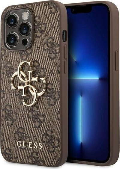 Mbështjellës telefoni Guess 4G Big Metal Logo për iPhone 14 Pro, lëkurë eko, kafe