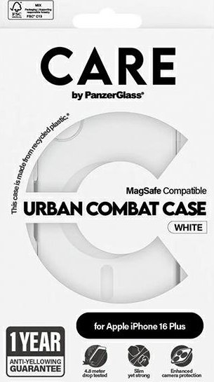 Mbulesë telefoni PanzerGlass Flagship, MagSafe, transparente me Urban Combat e bardhë, për iPhone 16 Plus