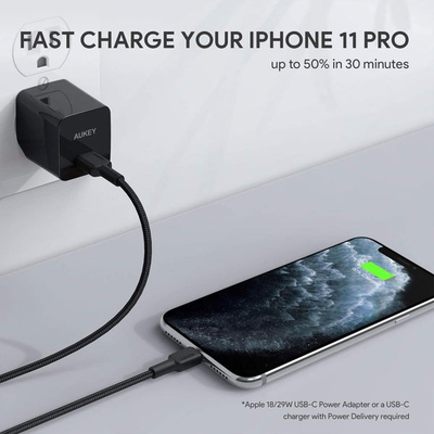Kabllo Aukey, Lightning / USB C, 2 m, e zezë