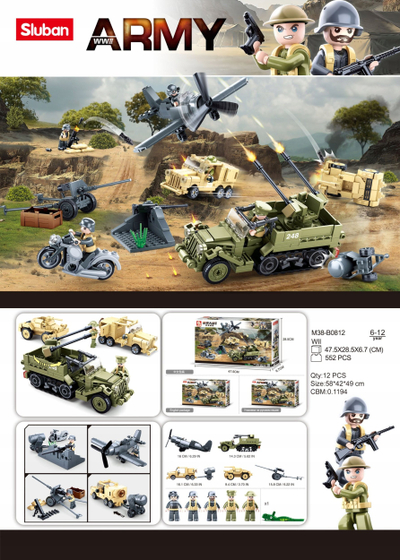 Set lodrash ndërtimi Sluban Army WWII SL95682, 552 copa, me figura ushtarake, shumëngjyrësh
