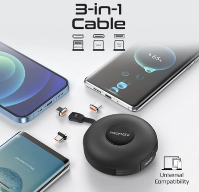 Kabllo karikimi 3 në 1 Quiver Retractable Magnetic, Lightning USB C Micro USB, blu