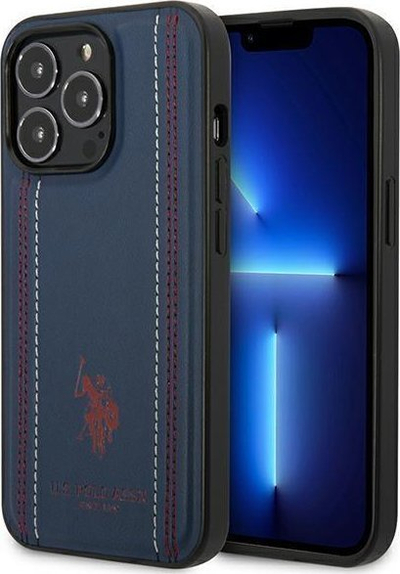 Држач за телефон US Polo Assn за iPhone 14 Pro Max 6.7", синтетичка кожа со шевови, темно сина