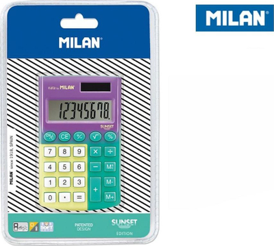 Kalkulator xhepi Milan Pocket Sunset, 8 shifra, me diell dhe me bateri, vjollcë jeshile verdhë