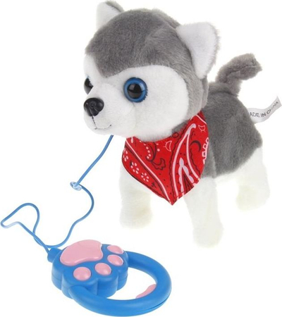 Lodër pelushi Husky Smart Electric Plush Dog, interaktive, me zinxhir, gri me të bardhë