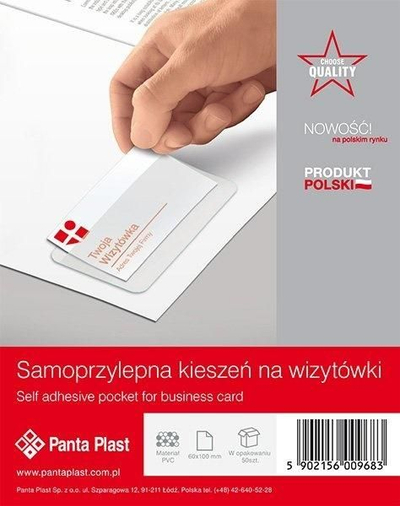 Џеб самолеплив за визит-картички Panta Plast, 100 x 60 mm, сет 10 парчиња, проѕирен