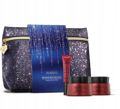 Сет за нега на лице AHAVA Apple-y Ever After, против длабоки брчки, со козметичка торбичка, виолетова