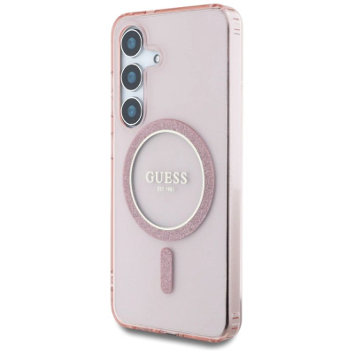 Futrollë Guess Glitter Circle Classic Logo MagSafe për Samsung Galaxy S25, rozë