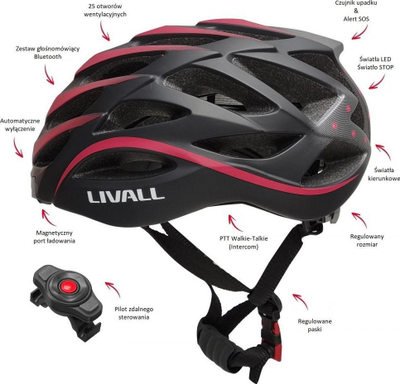 Паметна кацига Livall BH62 Neo, Bluetooth LED SOS, 55-61cm, црвено-црна