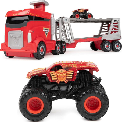 Set lodër Monster Jam Official 2-in-1 Launch N Go Hauler, kamion transporti me rampë hedhje, për makina 1:64, i kuq