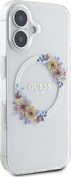 Mbulesë telefoni Guess IML Flowers Wreath për iPhone 16 Plus 6.7", MagSafe, transparente