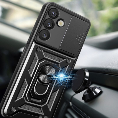 Mbrojtëse telefoni Hybrid Armor Camshield për Samsung Galaxy S25 Plus, kapak kamere, unazë mbajtëse, e zezë