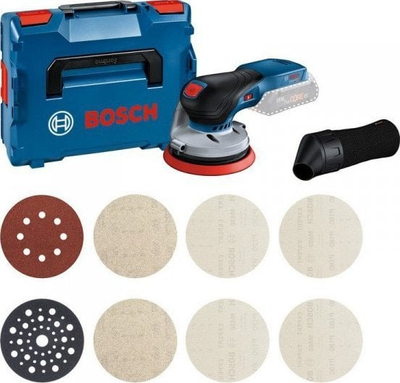 Lëmues orbitale pa kabëll Bosch GEX 18V-125, 125mm, starter kit M480, pa bateri, në L-BOXX