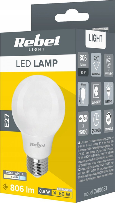 Llambë LED Rebel A60 8.5W, 6500K, E27, e bardhë e ftohtë